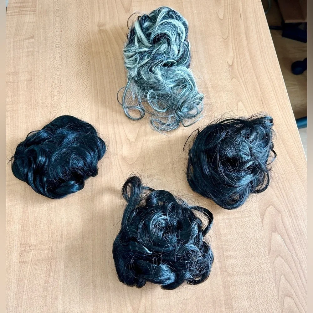 New hair pieces lot of 4 synthetic claw clip gray & rest scrunchies coffee color